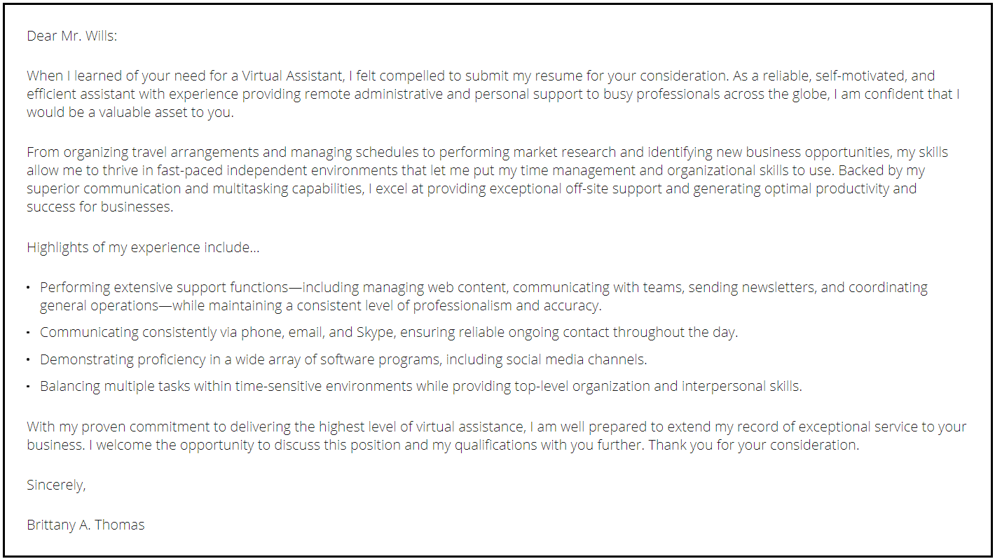 cover letter for virtual assistant with experience