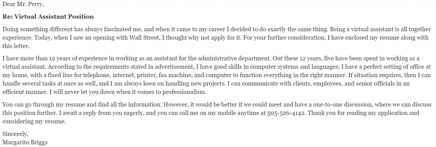 cover letter for virtual assistant example