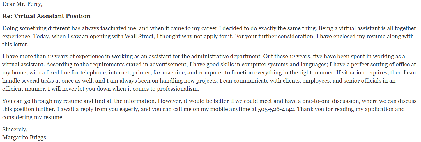 cover letter for virtual assistant position