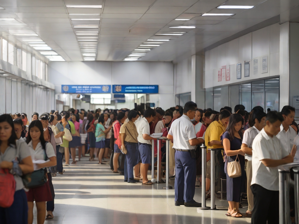 bustling interior of the Bureau of Immigration in the Philippines, with people lining up at the visa extension counter, officers processing paperwork, and signs indicating different visa categories.